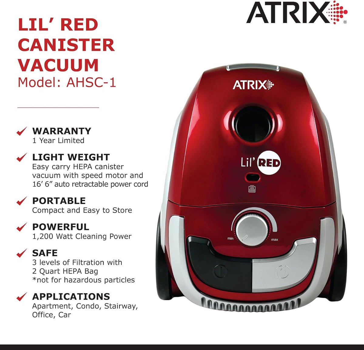 AHSC-1 Atrix Lil Red Canister Vacuum Portable Canister vacuum w/ 2 Quart HEPA Filter & Variable Speed Motor
