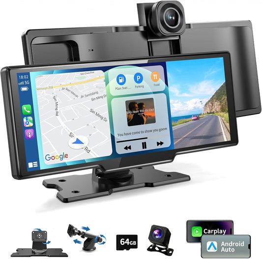 10.26" HD Wireless Car Stereo for Carplay & Android Auto, Portable Touch Screen for Car, 4K Dash Cam, 1080P Backup Camera, Bluetooth, AUX/FM, Googel, Siri, Mirror Link, GPS Navigation