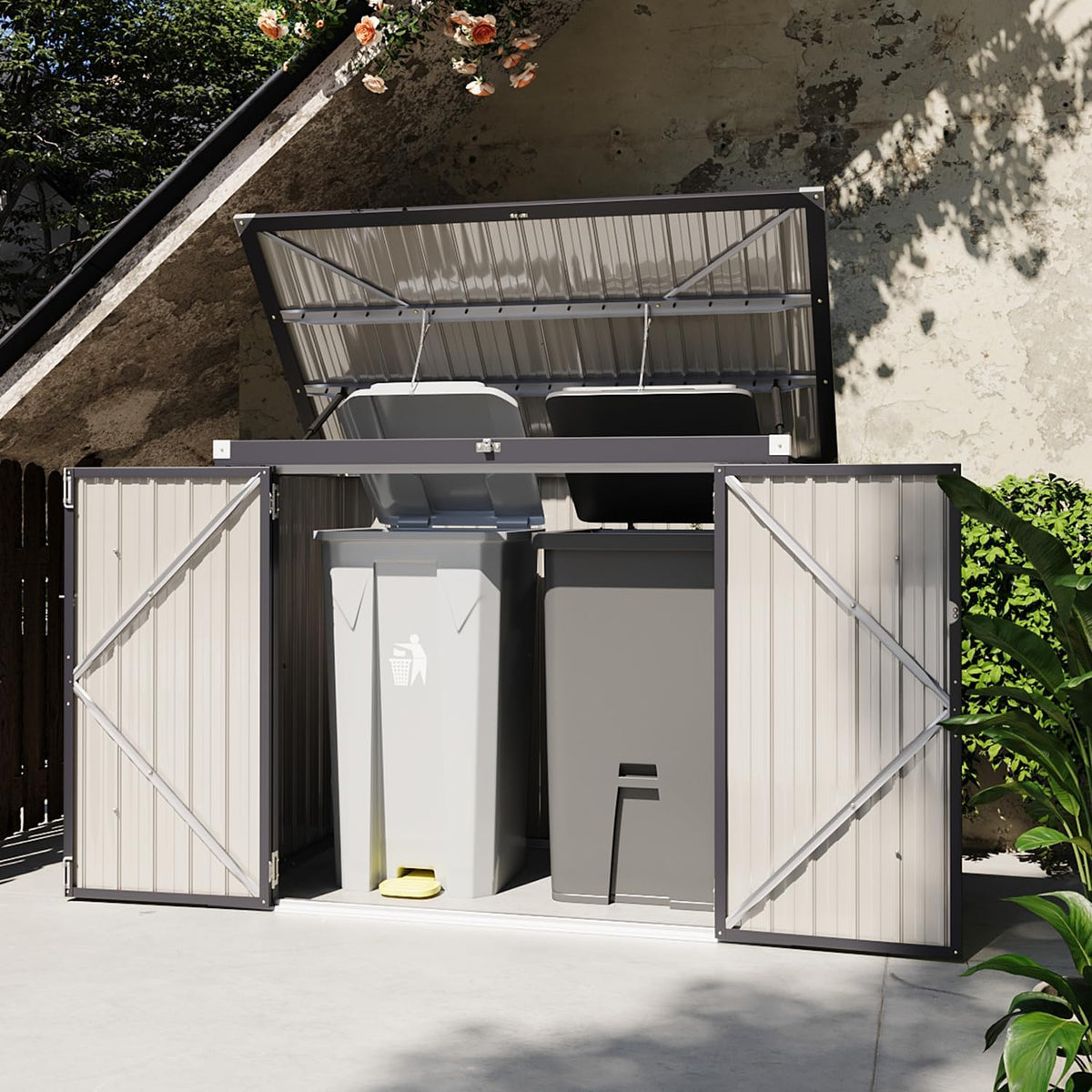 Aoxun 80 CU.FT Outdoor Storage Shed Metal Trash Can Storage with Chain Lid Waterproof Outdoor Garbage Can Organizer, Ideal for 2 Trash Bins, Toys, Garden Tools (Black)