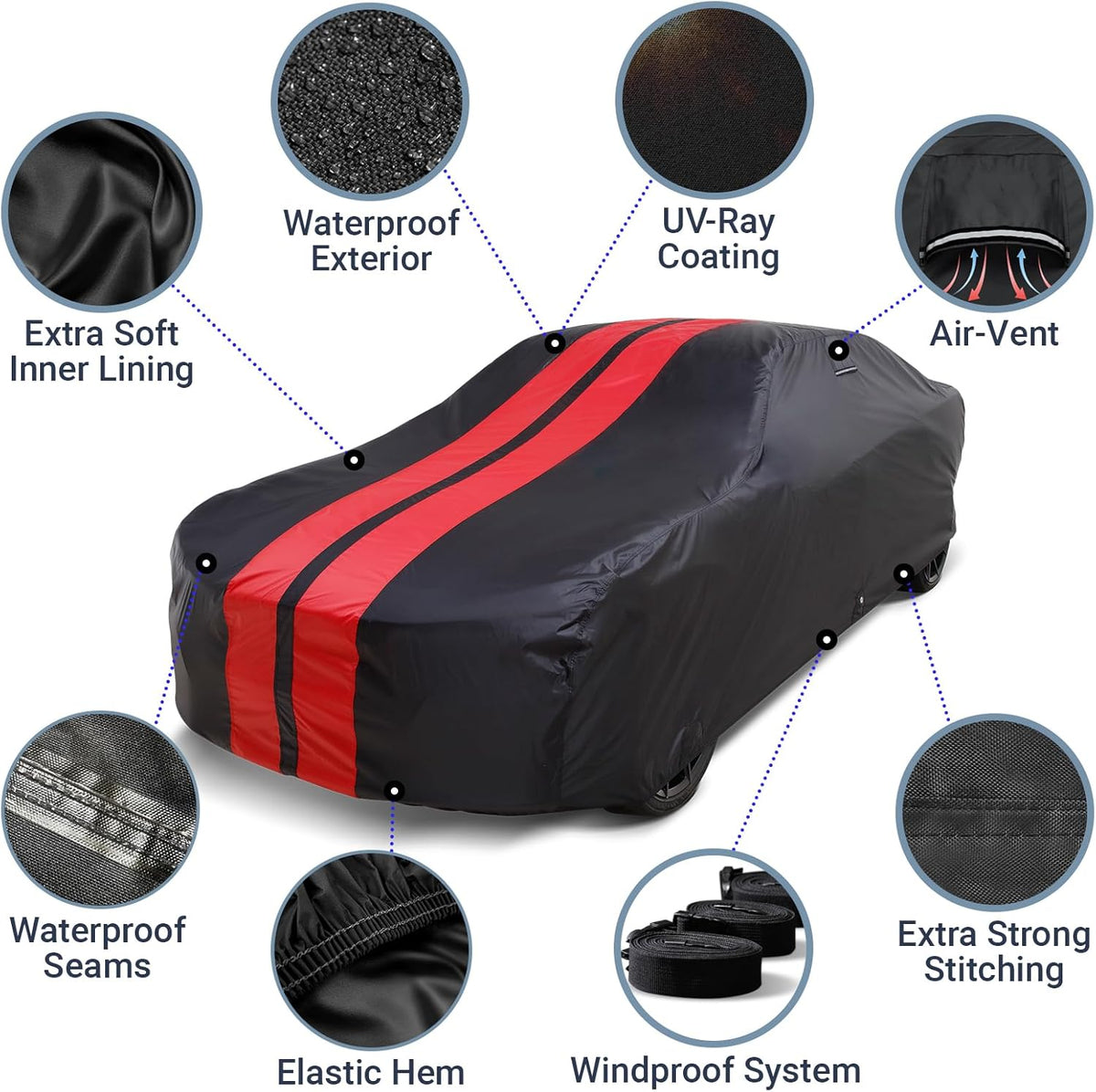iCarCover Custom Car Cover for Pontiac Grand Prix (1973-1977) Waterproof All-Weather Rain Snow UV Sun Protector Full Exterior Indoor Outdoor Car Cover (Stripe - Black/Red)