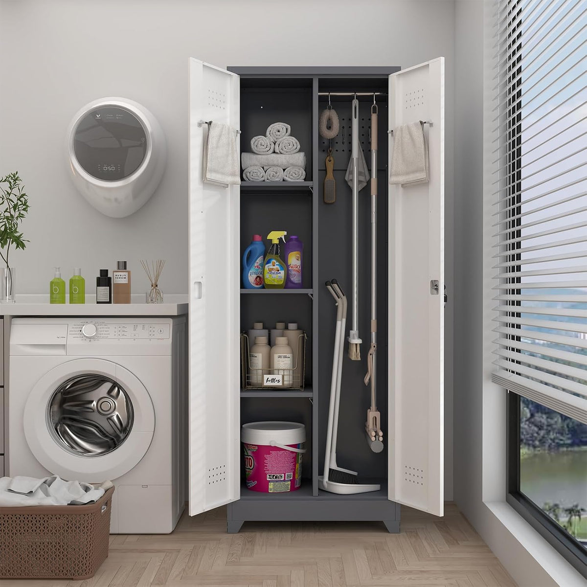 Metal Cabinets with Doors and Adjustable Shelves, 65" H Lockable Storage Cabinet, Grey-White Utility Cabinet for Brooms and Mops for Home,Kitchen,Garage