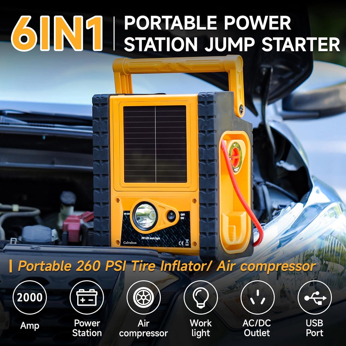 6-in-1 Car Battery Jump Starter with Air Compressor 2000A 260PSI 400W Inverter, Jump Starter Jump Box (All Gas 8.5L Diesel), Solar Portable Power Station,AC/DC/USB Ports and LED Lights