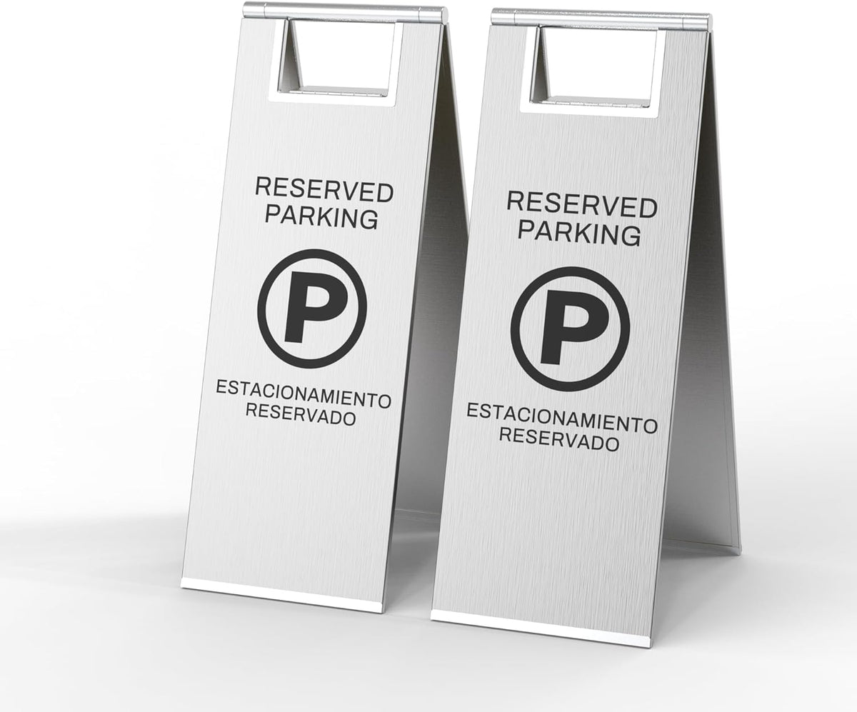 Reserved Parking Sign – Foldable Heavy Duty Plastic A-Frame with Bold “P” Symbol, Bilingual English & Spanish – 24" Tall Reserved Spot Marker for Storefront, Driveway, Garage – Silver