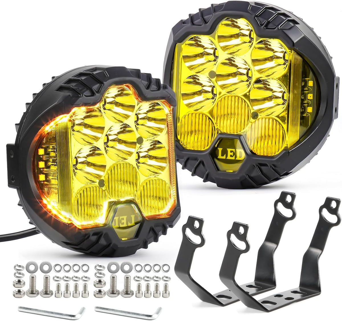 LIGBT 2PCS 5 Inch Amber Yellow Round LED Offroad Light with DRL 90W LED Light Pods 270° Wide Range Super Bright Side Shooter for Pickup Truck ATV UTV SUV