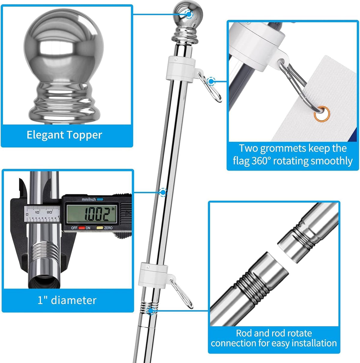 ZMTECH Flag Pole - Upgraded Bracket, 6 FT Stainless Steel Flag Poles for Outside House, Residential or Commerical, Tangle Free Flag Pole Kit for American Flag (Without Flag, Silver)