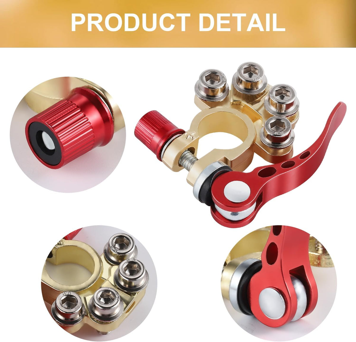 SINGARO Car Battery Terminal Connector, 4 Way Positive and Negative Pole Quick Release Terminal Clip, Applicable to SAE/JIS A Type Terminal Post, Compatible with Cars, Trucks and More（Gold-B）