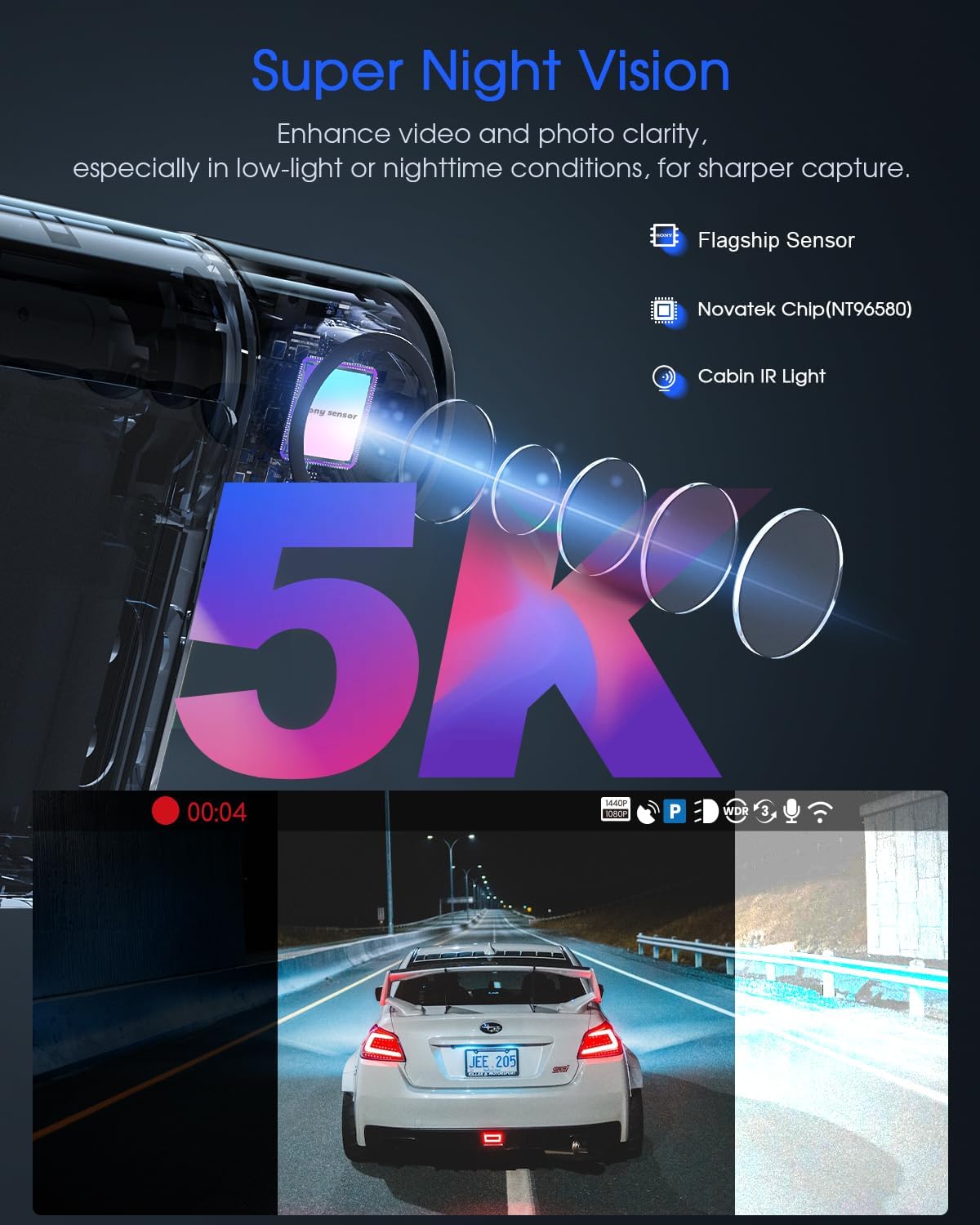 5K 3 Channel Dash Cam, Wi-Fi GPS with 64GB Card, 4K+1080P+1080P Front and Rear Inside Triple Car Camera with 3'' IPS Screen, IR Night Vision, Voice Control, 24H Parking Monitor, 512GB Max