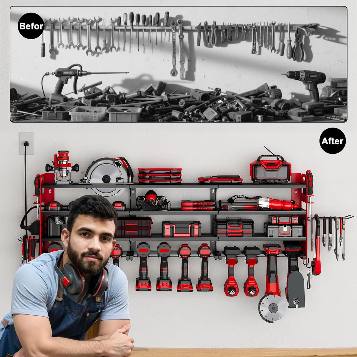 12 Cordless Drill Holder Large Power Tool Organizer Wall Mount with Side Pegboard & Screwdriver Holder, 4-Tier Heavy Duty Metal Tool Storage Rack with 4-Outlet Power Strip