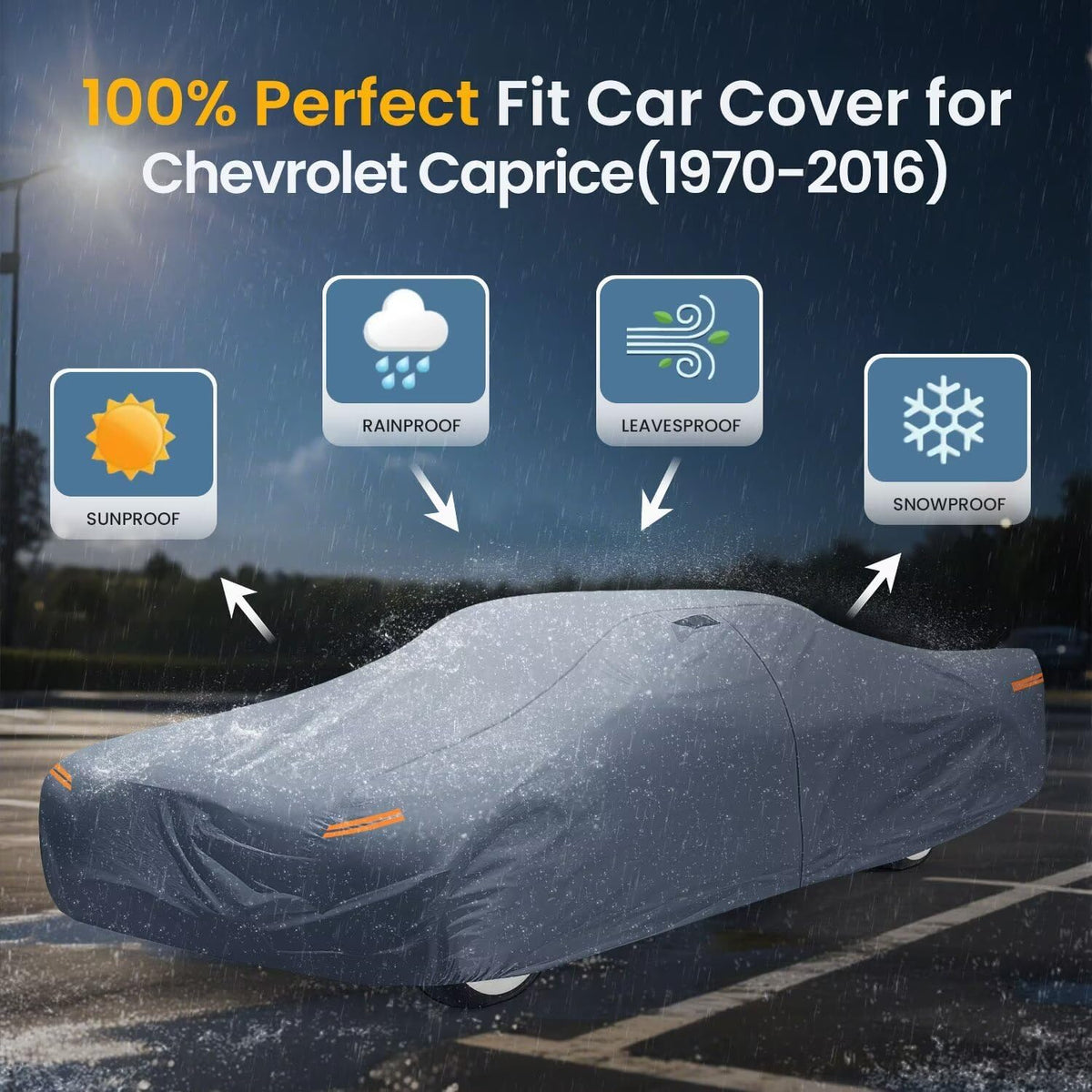 Waterproof Chevrolet Caprice(1970-2016) Car Cover with Breathable Vents, [2025 Upgrade] Premium Covers with Cotton Liner and Zipper Door, Sun Rain Snow Dust Uv Protection.(Gift with Towel)