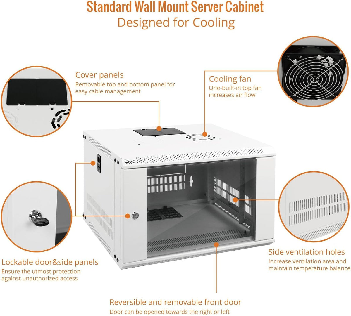 Tecmojo 6U Wall Mount Rack Network Cabinet for 19" IT Equipment,with Lockable Glass Door and Side Panels,Cooling Fan,17.7inch Depth,White
