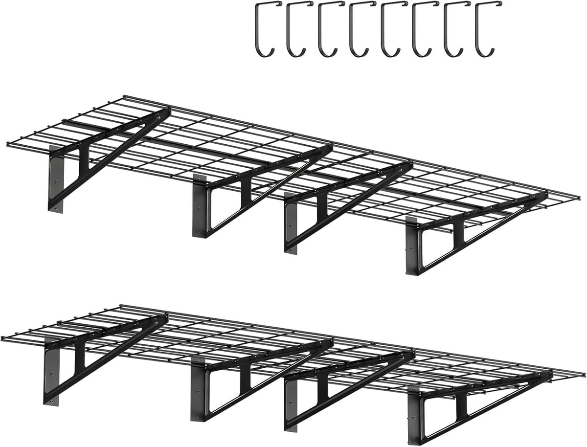 2-Pack Garage Wall Shelving, 2x6 FT Garage Shelving Wall Mounted, Heavy Duty Metal Shelves with 8 Bike Hooks, 1200lbs Load Capacity Floating Shelves, 24-inch-by-72-inch Wire Shelving Wall Mounted