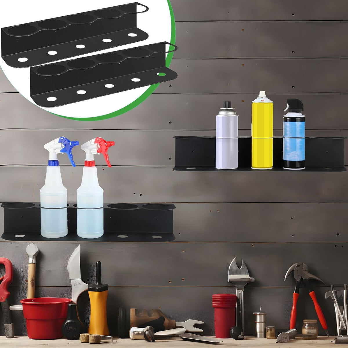 Therwen 2 Pcs 5 Holes All Purpose Steel Spray Bottle Holder Heavy Duty Spray Can Holder Rack Organizer Easy Install Wall Mount Paint Bottle Organizer Storage Rack for Garage Home Workspace(Black)