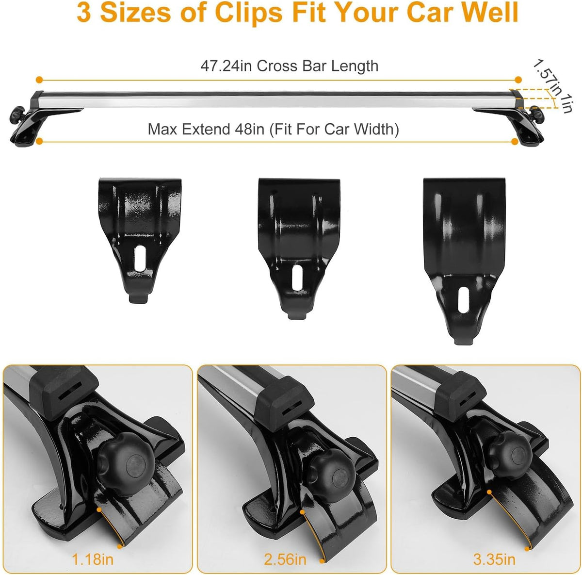 2Pcs Universal Roof Rack Cross Bars，47.24” Aluminum Cross Bars with 165LBS Capacity，Lightweight Car Roof Rack Cross Bars for Most Car Without Roof Side Rail for Bike Kayak Cargo Luggage