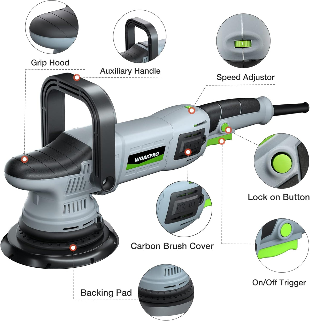 WORKPRO Buffer Polisher, 6-inch 1080W Dual Action Random Orbital Polish Kit for Car Detailing, 6 Variable Speed DA Polisher with Backing/Woolen/Foam Pads, Towel for Waxing, Buffing, Polishing