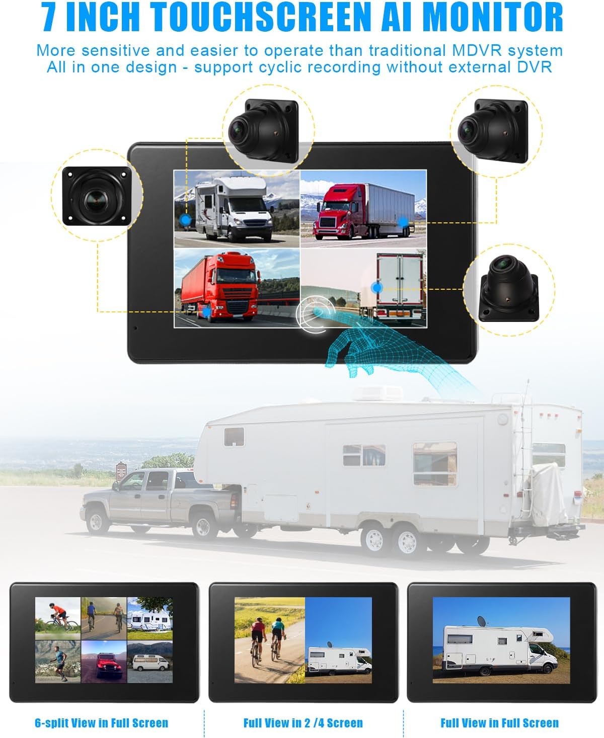 RV Backup Camera System AI WiFi GPS 7 inch Touch Screen Monitor Vehicle Recording with 4 Pieces 1080P Rear Side View Waterproof Camera Live View on APP/Web/PC for Camper RV Truck Trailer Tractor Fleet