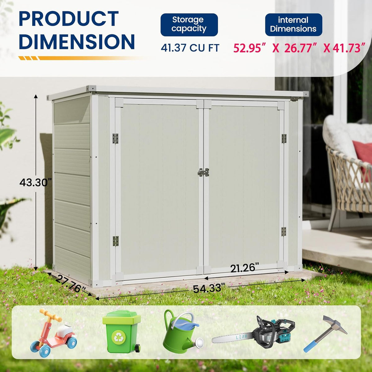Amopatio 41 Cu Ft Outdoor Storage Shed, Horizontal Resin Trash Can Storage, Weather Resistance, Storage Box with Floor Included for Garden Tools, Lawn Mowers, Garbage Cans, Patio Use, Sandstone