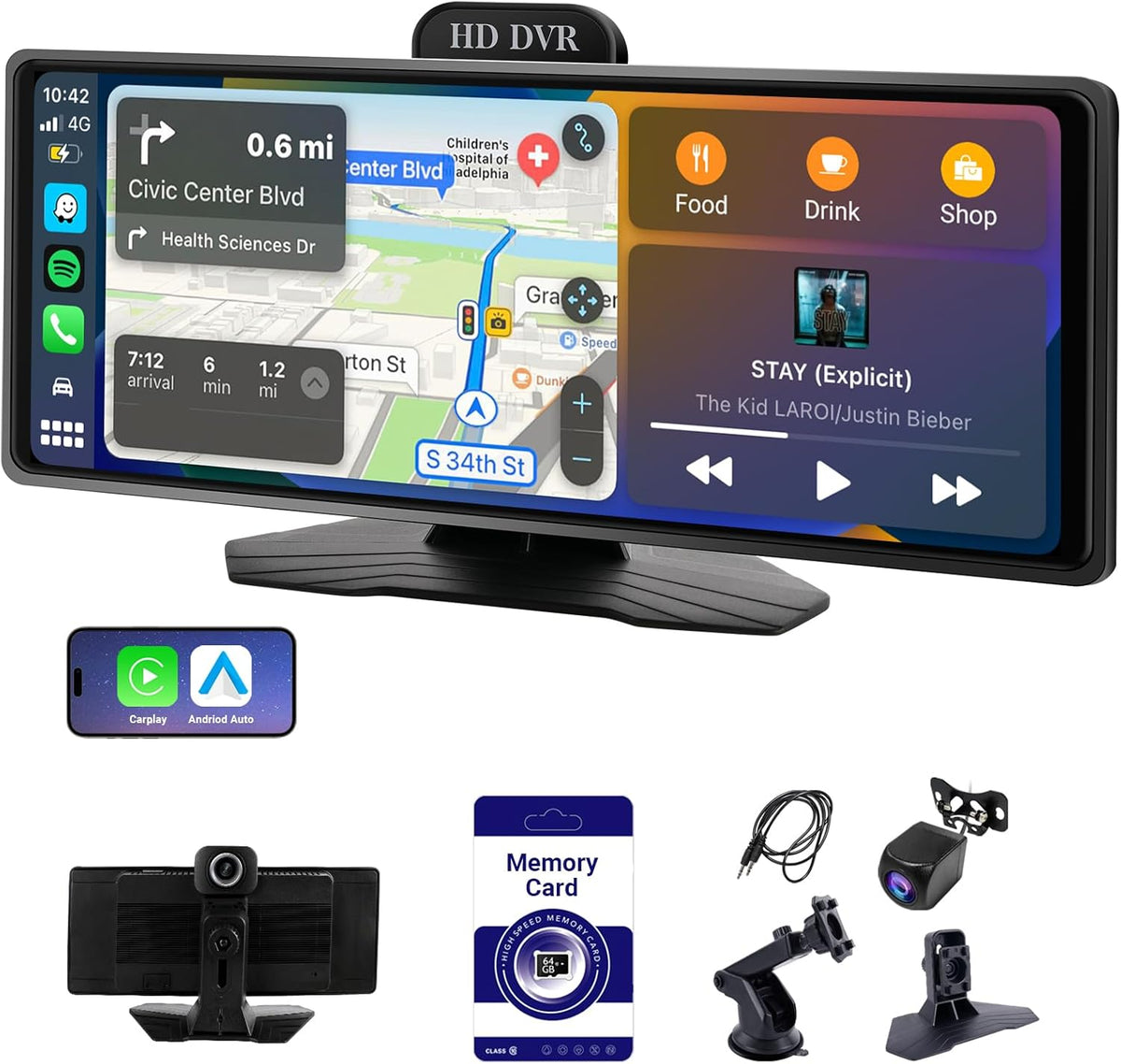 ‌9.26 Inch Wireless Apple CarPlay & Android Auto Car Display with 1080P Dash Cam & Backup Camera All-in-One Smart Car Stereo Free 64GB SD Card