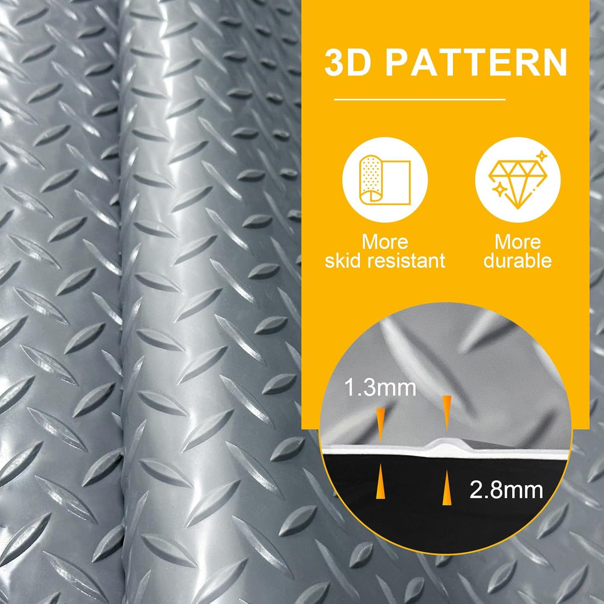 4x8FT Garage Floor Mat, 2.8mm Thickened Flooring Roll for Under Car, Golf Cart Parking Mat, Diamond Plate PVC Rubber Motorcycle Mat, Non-Slip Floor Protector for Garage Warehouse Trailer, Grey