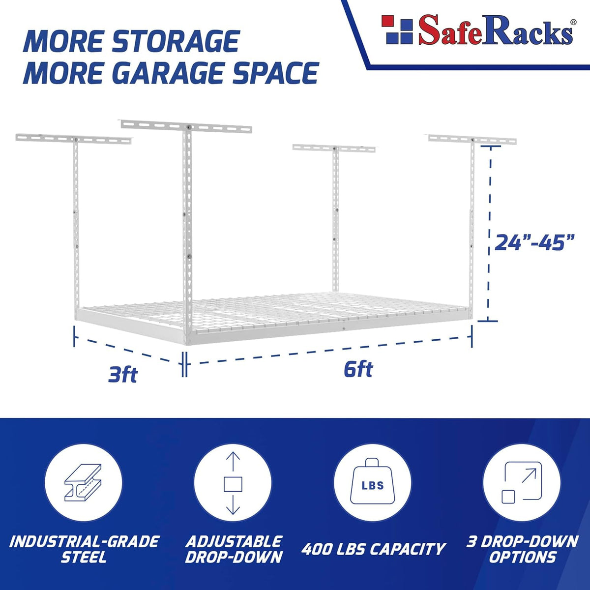 SafeRacks Overhead Garage Storage Rack - Heavy Duty Racks for Garage with 400 lb Capacity, Easy Garage Shelving, Adjustable Storage Rack, Ceiling Mount Storage Shelves 3x6 White (24"-45")