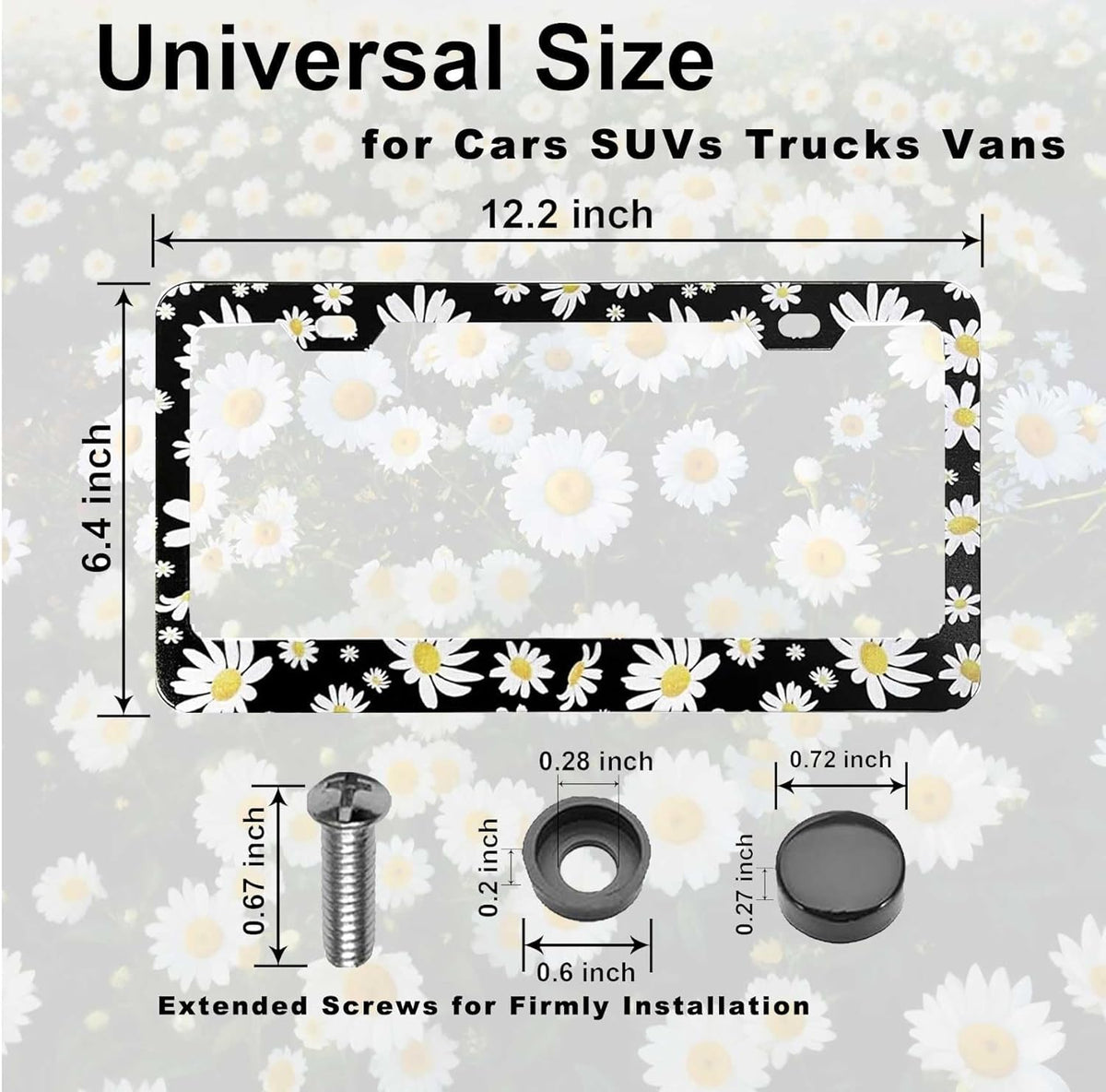 2 Pack Universal Daisy Floral License Plate Frame - Heavy Duty Rustproof Aluminum Matte Black Daisy Car Tag Holder Cover Bracket Fits All Vehicles, Easy Install with Screws Included
