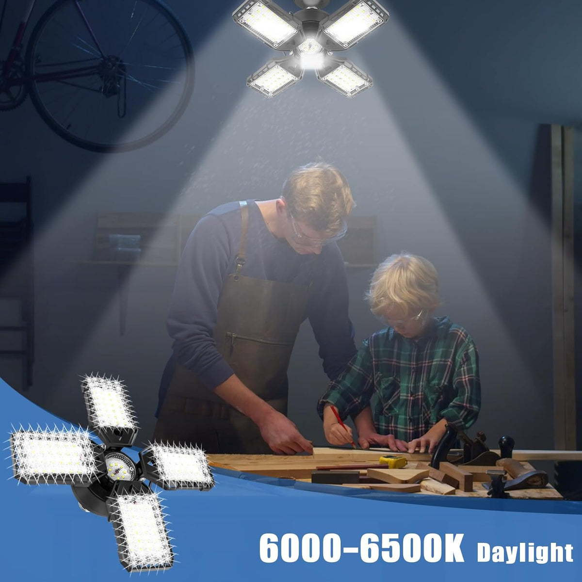 LED Garage Lights 4 Pack -120W, 12000LM 6500K Led Shop Light with 4+1 Deformable Panels, Basement Barn Light Garage Ceiling Lights, E26/E27 for Garage, Warehouse, Shop