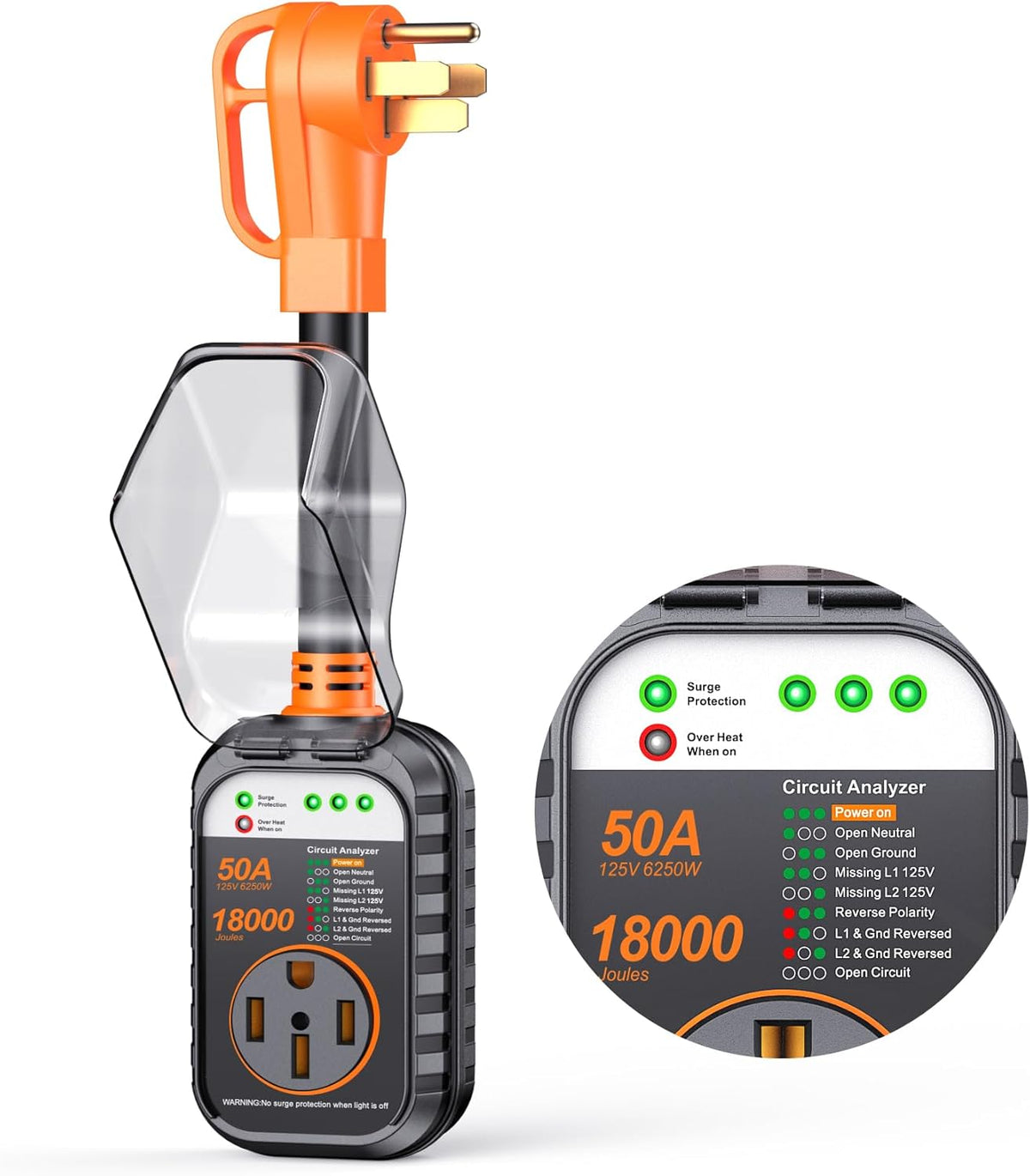 GEARGO RV Surge Protector 50 Amp, Latest 18000J Surge Protection RV Circuit Analyzer, RV Adapter Plug for Camper with Waterpoof Cover, Plug and Play（Orange）
