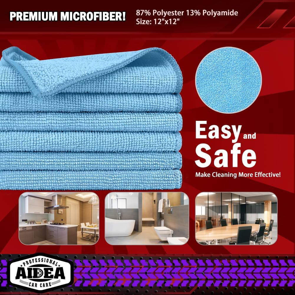 AIDEA Microfiber Cleaning Cloths, 150PK, Blue, 12x12 Inch, Shop Rags, Absorbent, Lint Free, Reusable, Ideal for Cars, Kitchen, Household, Dusting, Polishing