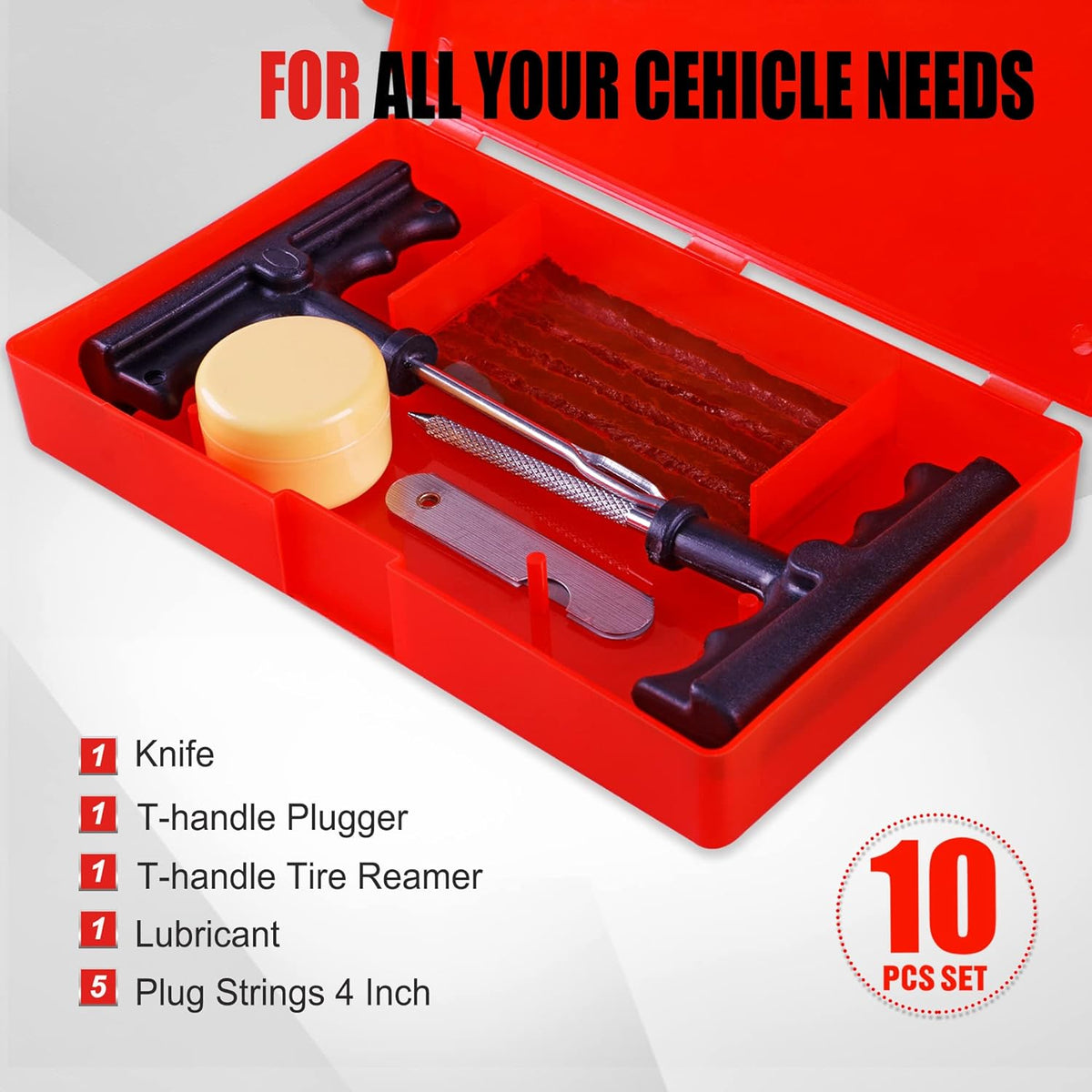 Economical Tire Repair Kit to Fix Punctures and Plug Flats, 10-Piece Value Pack, Ideal for Cars, Trucks, Motorcycles, ATV, with Storage case