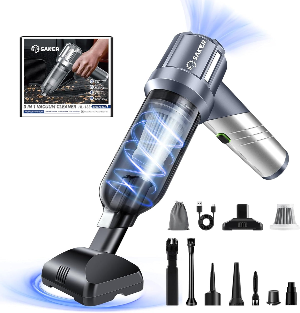Saker Car Vacuum Portable Cordless, Foldable Mini Handheld Vacuum Cordless and Air Duster 17000PA High Power Vacuum Cleaners for Home,Cars,Office Cleaning HL133 Silver