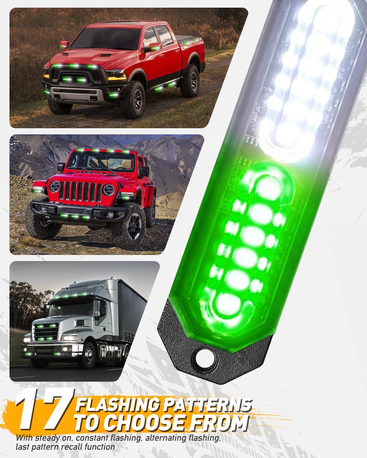HLauto 1200T Emergency Strobe Grille Lights: 8pcs 12 LED Sync Feature Safety Warning Flashing Lights, Ultra Slim Surface Mount Hazard Caution Lights for Trucks, Vehicles, Car, ATV, UTV (Green White)