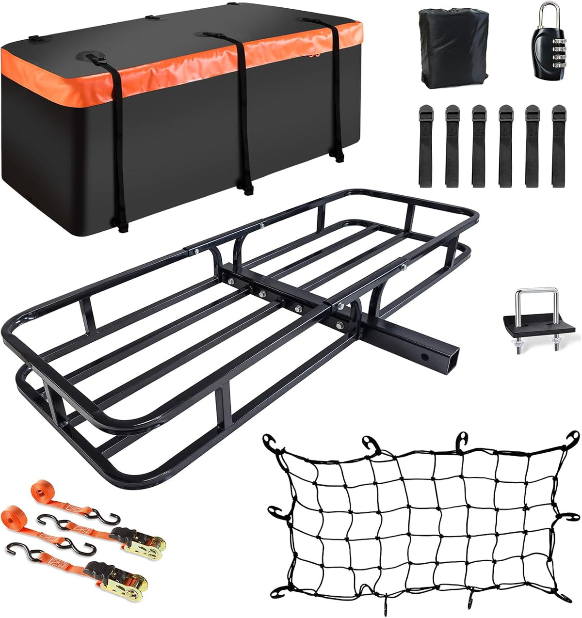 MeeFar Hitch Mount Cargo Carrier Basket 53" x19" x 5"+Waterproof Cargo Bag (51" x17"x 18"), Hauling Weight Capacity of 500 Lbs fit on 2 Inch Receiver with Hitch Stabilizer,Net and Straps