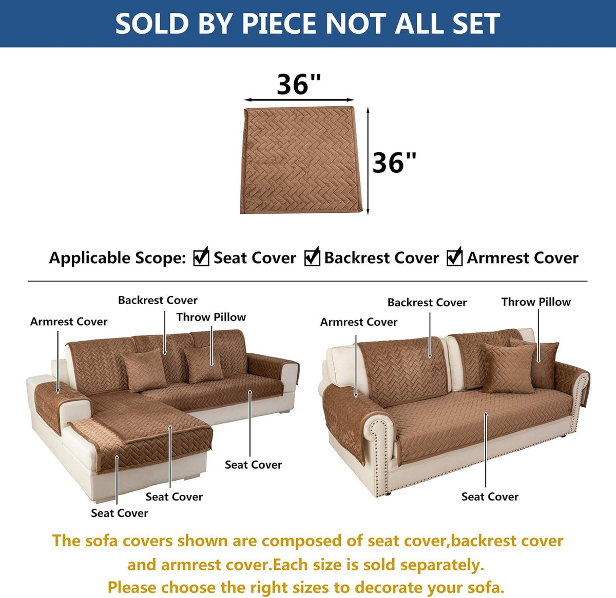 Eismodra Couch Cover,Sectional Couch Covers,Sofa Covers for 3 Cushion Couch,Anti-Slip Sofa Slipcovers for Dogs Cats Kids Loveseat Recliner L Shaped Armrest Backrest,Brown 36''x36''(Only 1 Piece)