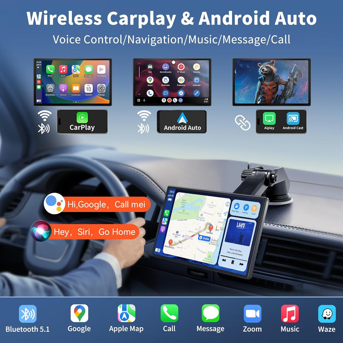 Carplay Screen for Car, 9" Portable Wireless Carplay Screen with 4K Dash Cam, 1080P Backup Camera, Car Stereo for Carplay & Android Auto GPS Navigation/Bluetooth/Mirror Link/Voice Control/AUX/FM/Siri