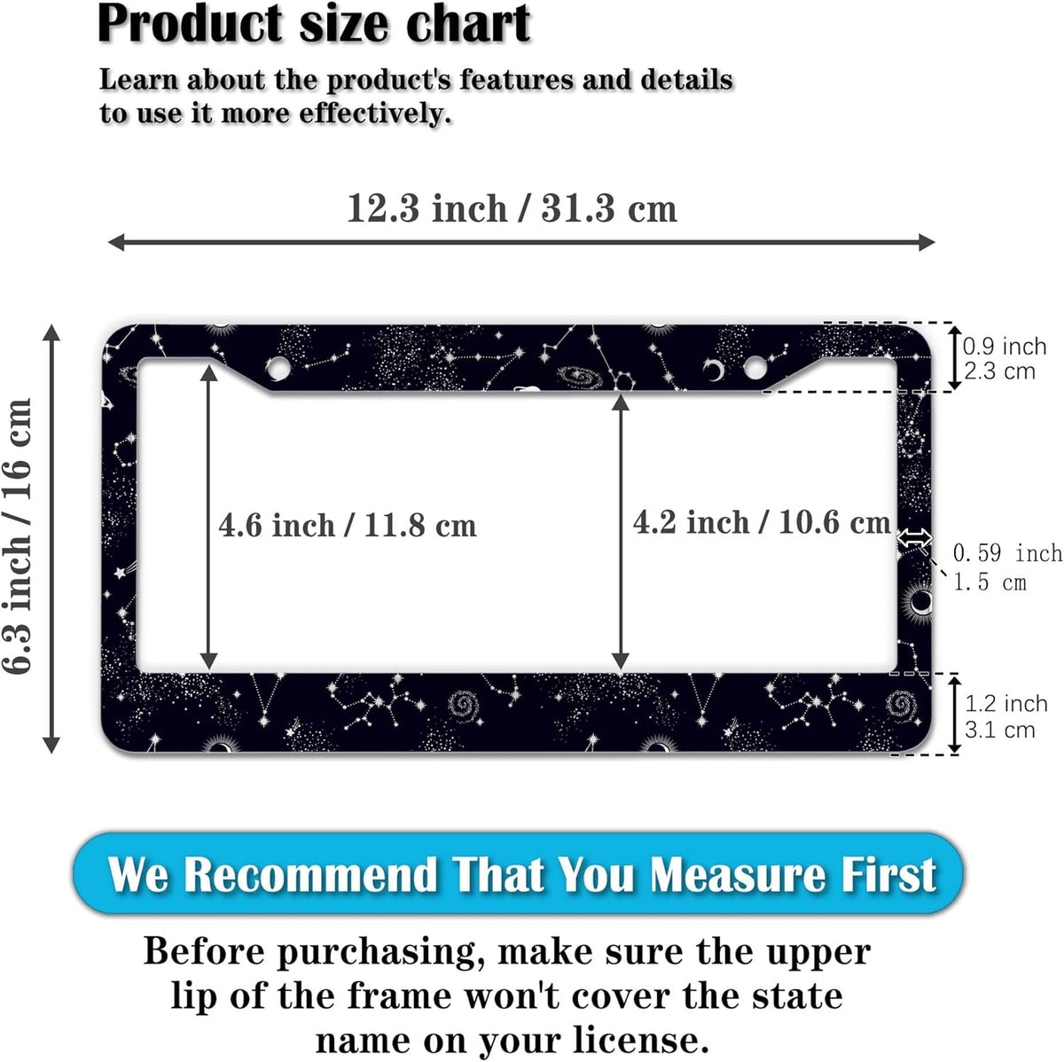 License Plate Frames Black and White License Plate Holder Galaxy Moon and Stars Starry Sky Planets Aluminum Metal Car Accessory 2 Pack with Screw Covers Set