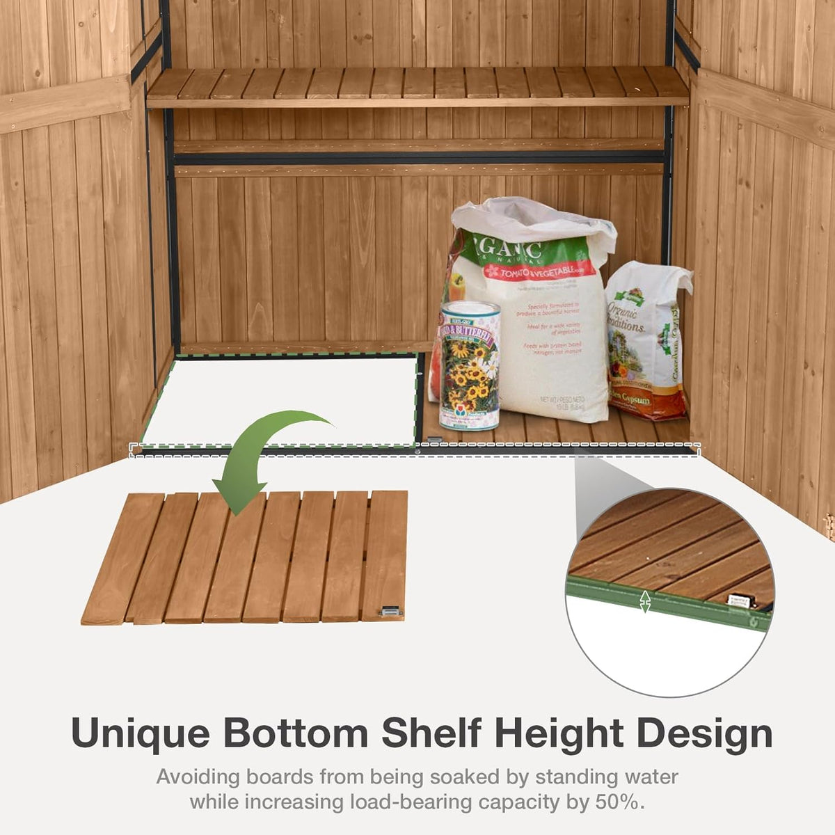 Outdoor Storage Shed with Floor - Waterproof Natural Fir Cabinet with Adjustable Shelves and Double Lock for Anti-Theft - Suitable for Storing Garden Tools, and Household Debris (Brown)