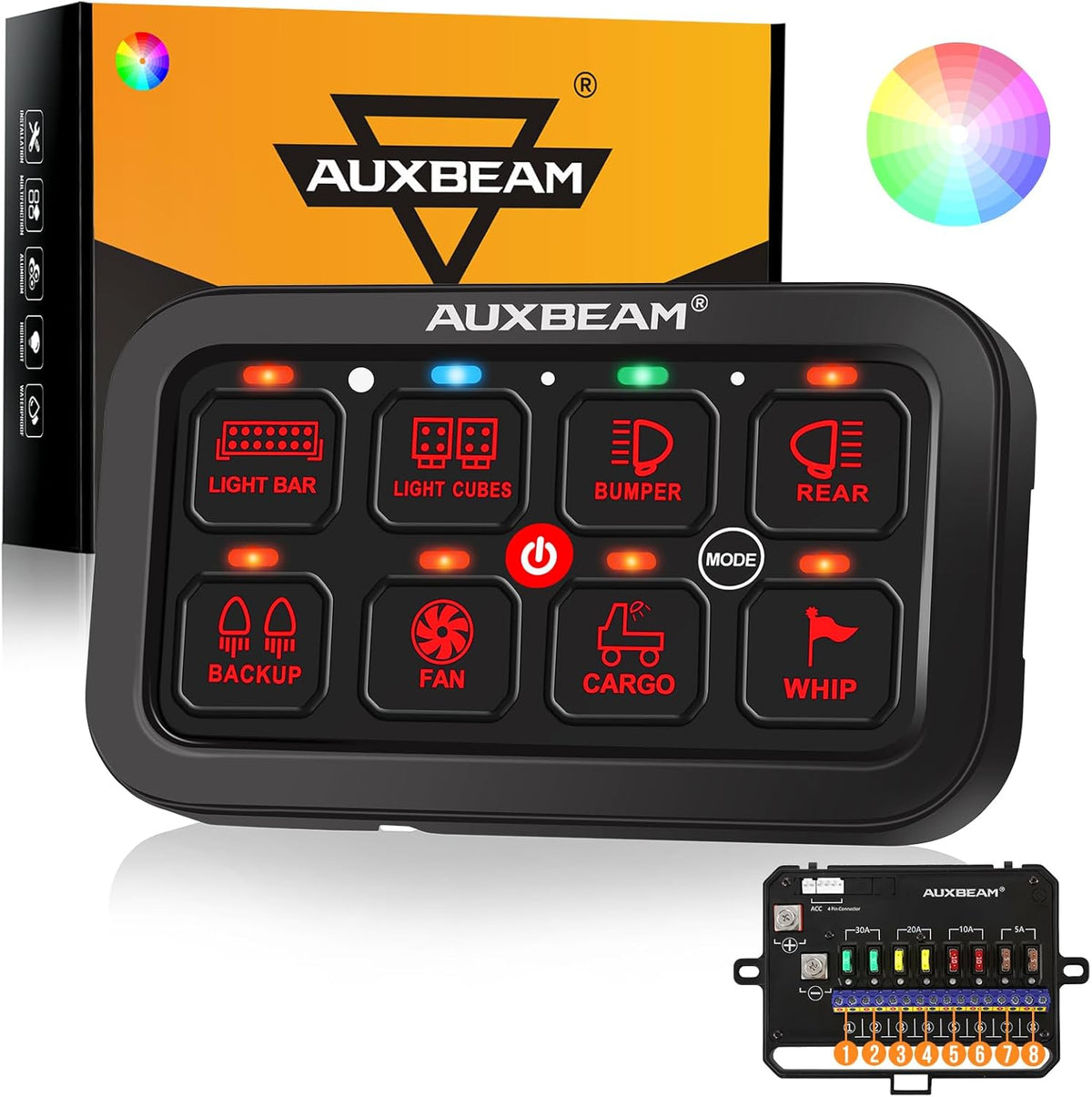 Auxbeam 8 Gang Switch Panel RA80 Toggle Momentary Pulsed RGB Dimmable Multifunction Switch Panel Easy Installation Marine Switch Pod IP65 Waterproof for Car Boat RV, 2 Years Warranty