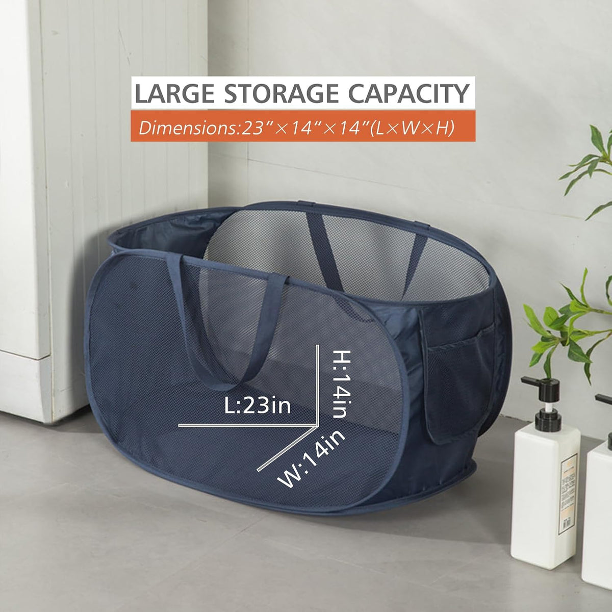 HONOMA Sturdy Mesh Laundry Hamper Basket Bag,Pop up Basket with Side Pocket for Laundry Room, Bathroom, Kids Room, College Dorm or Travel (Pop Horizontal, Navy Blue)