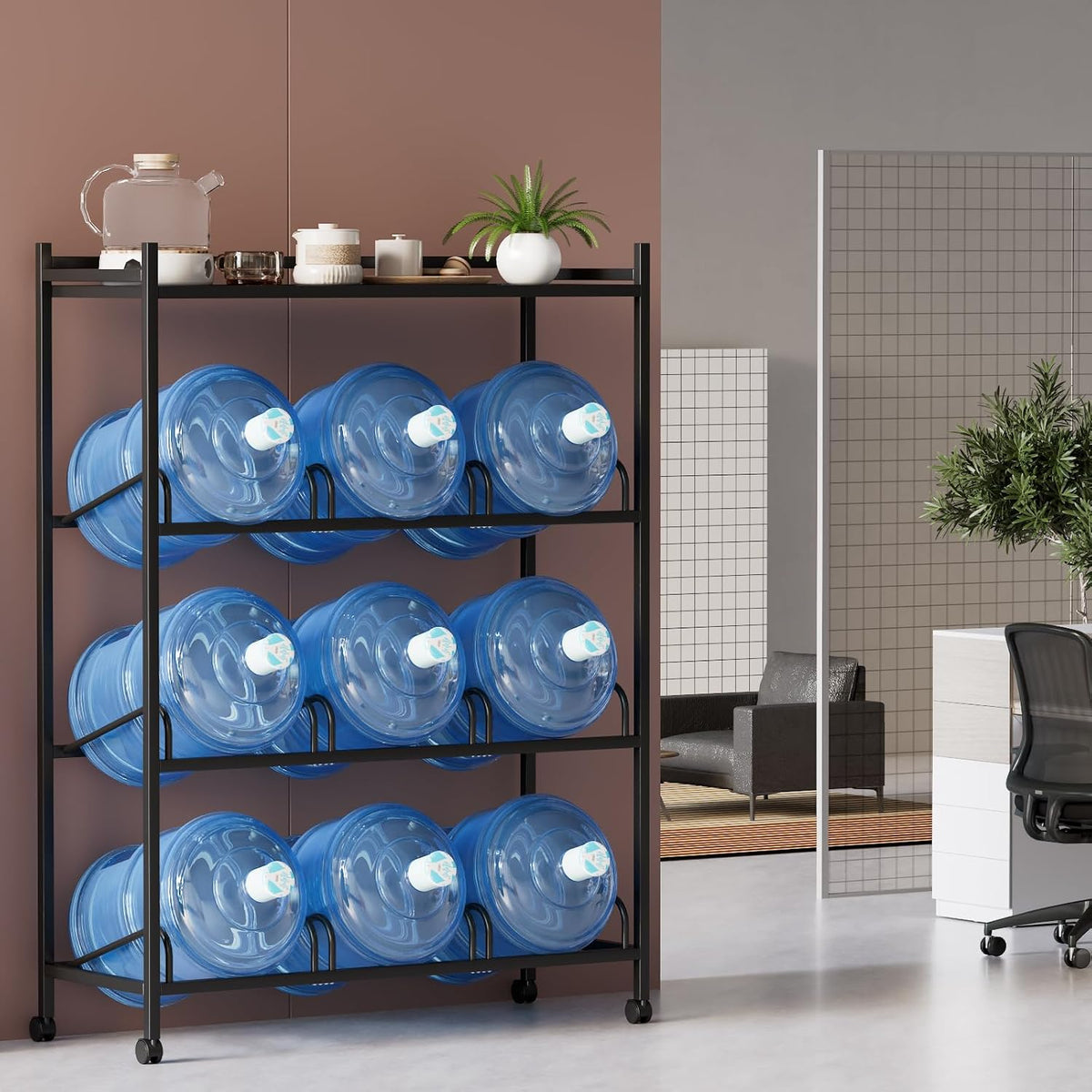 5 Gallon Water Bottle Holder, Water Jug Rack with Top Shelf, Wheels, Movable Water Jug Stand, Two Carry Handles, Heavy Duty 9-Tray Water Jug Stand for Kitchen Office Living Room Garage, Black