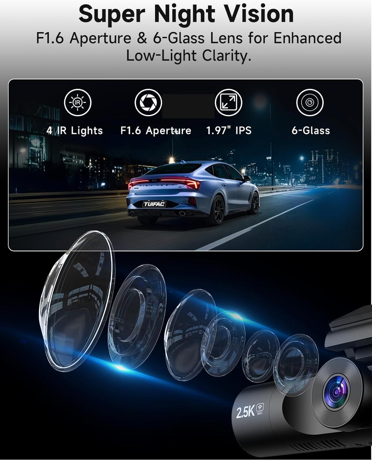 3 Channel Dash Cam, Dash Camera 2.5K Front and Dual 1080P Inside/Rear with 64GB Card, Wi-Fi Dash Cam Front and Rear, Night Vision, G-Sensor, 24H Parking, Loop Recording, 1.97”IPS, Support 256GB