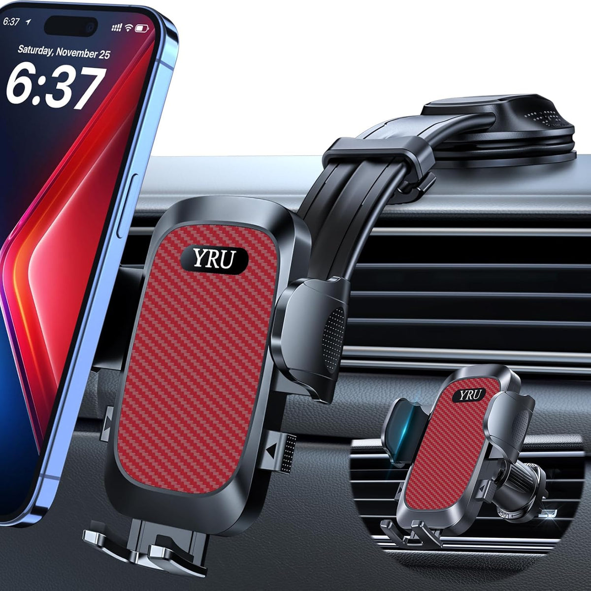 YRU [2025 Ultimate Car Phone Holder [Bendable & Adjustable Aluminum Arm] Cell Phone Automobile Cradles Dashboard Windshield Pickup Truck Phone Mount for iPhone 16 15 14 13 Pro Max Samsung,Tomato Red