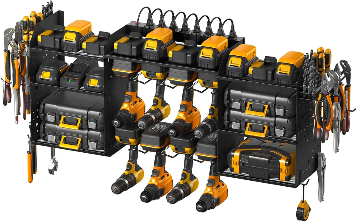 CCCEI Black Large Tools Organizer Wall Mount Charging Station, 39 Inch Long Power Tool Battery Storage Rack with 10FT Power Strip. 8 Drill Holder, Garage Utility Shelves. Pegboard Hanging Extension.