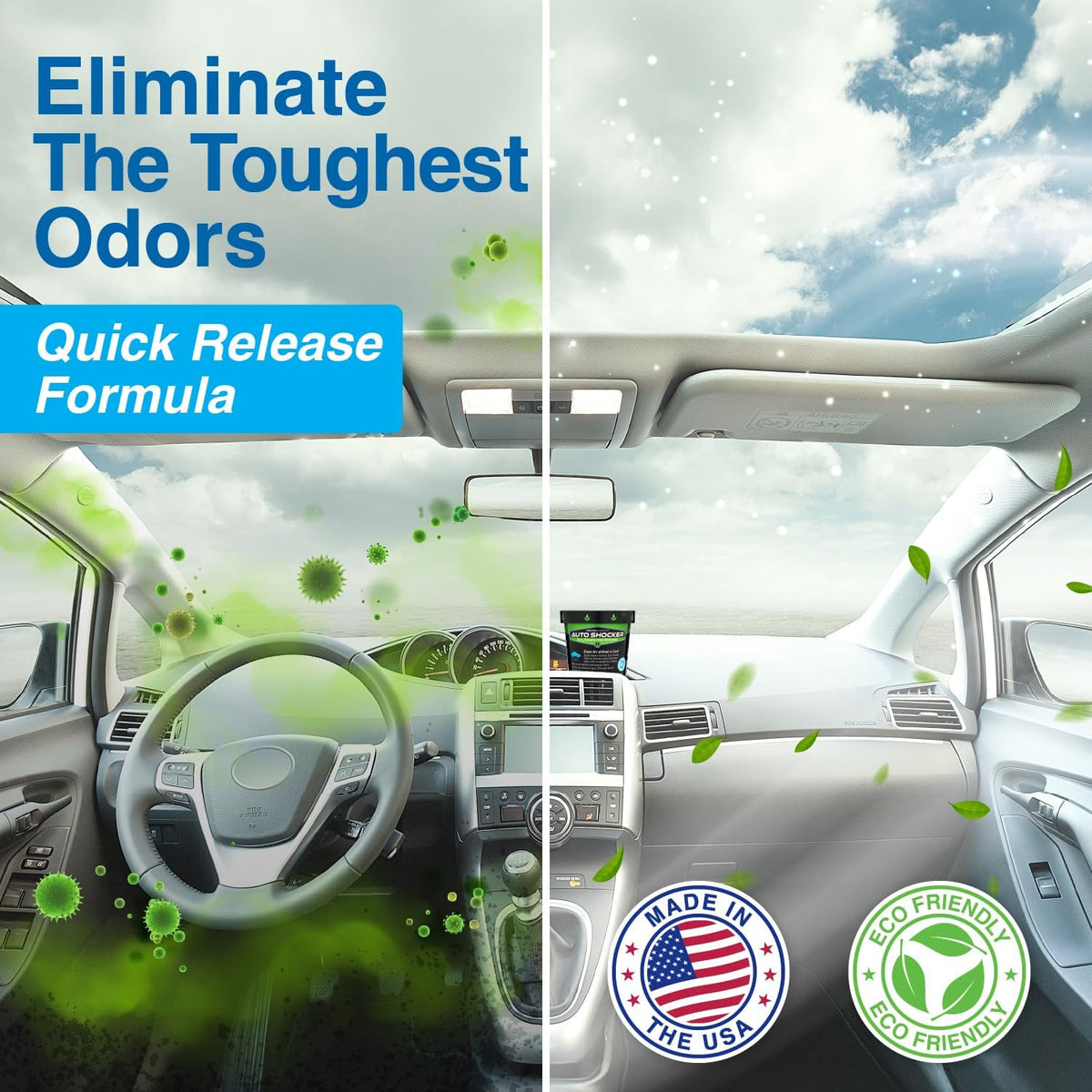 Auto Shocker Strong Car Odor Eliminator, Eco-Friendly ClO2 Odor Remover for Tough Odors in Vehicle Interiors, Up to 250 Cubic Feet (2-Pack)