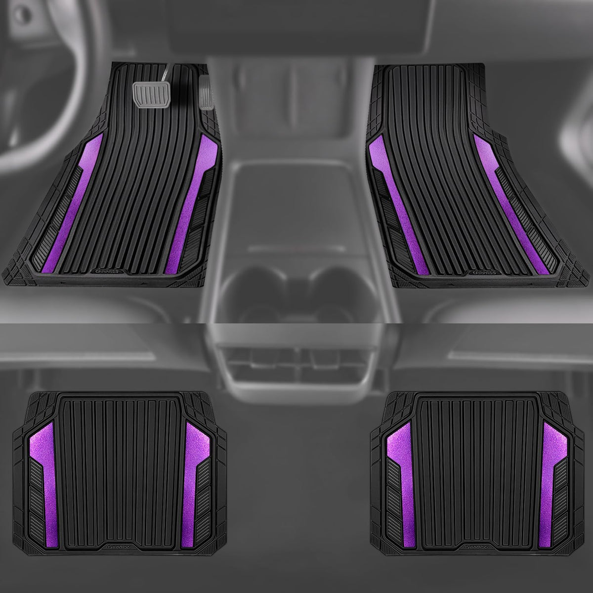 CAR PASS Heavy Duty Rubber Car Mats Metallic,Aluminum Film All Weather Floor Mats Waterproof Universal Trim to Fit SUVs Sedans Vans 4 Piece Anodized Deep Dish Two-Tone Sporty Black Purple Chrome
