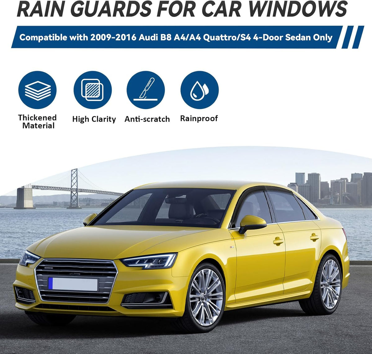 4pcs Front+Rear Smoke Tint Sun/Rain Guard Outside Mount Tape-On Vent Window Visors Compatible with 09-16 B8 A4/A4 Quattro/S4 4-Door Sedan