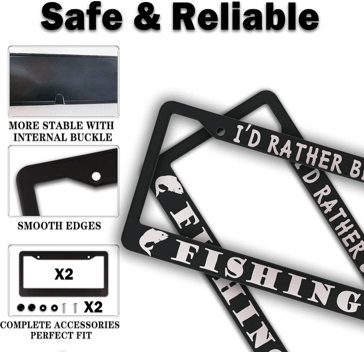 Automotive Exterior Accessories Black and White License Plate Frames I'd Rather Be Fishing Universal Aluminum Car Accessory 2 Pack with Screw Covers Set