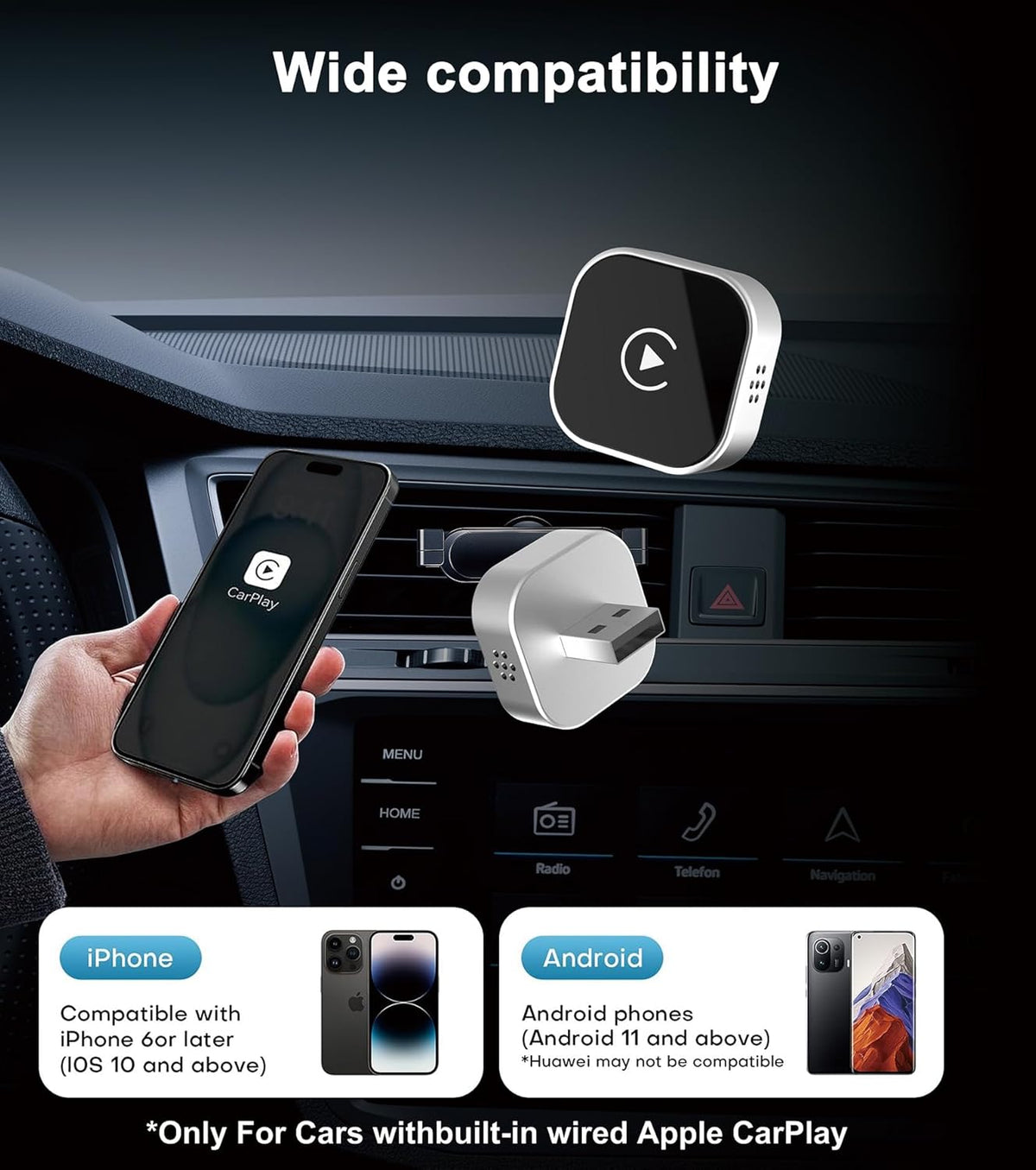 CarPlay Wireless Adapter, Plug-and-Play, Supports CarPlay+Android Auto, Mini and Stable Wireless CarPlay Adapter, Compatible with Apple iOS 10+ and Wired CarPlay Vehicles Manufactured After 2016.