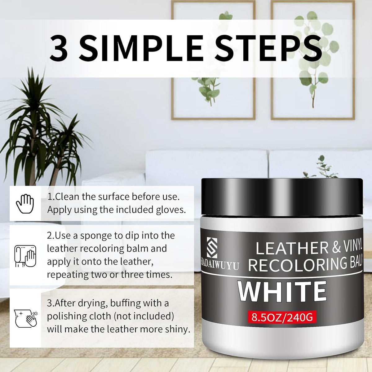 Leather Recoloring Balm,8.5oz Leather Color Restorer,White Leather Repair kit for Furniture and Car Interior,Leather Couch Scratch Repair,Leather Dye Paint for Faded,Cracked and Damaged Leather