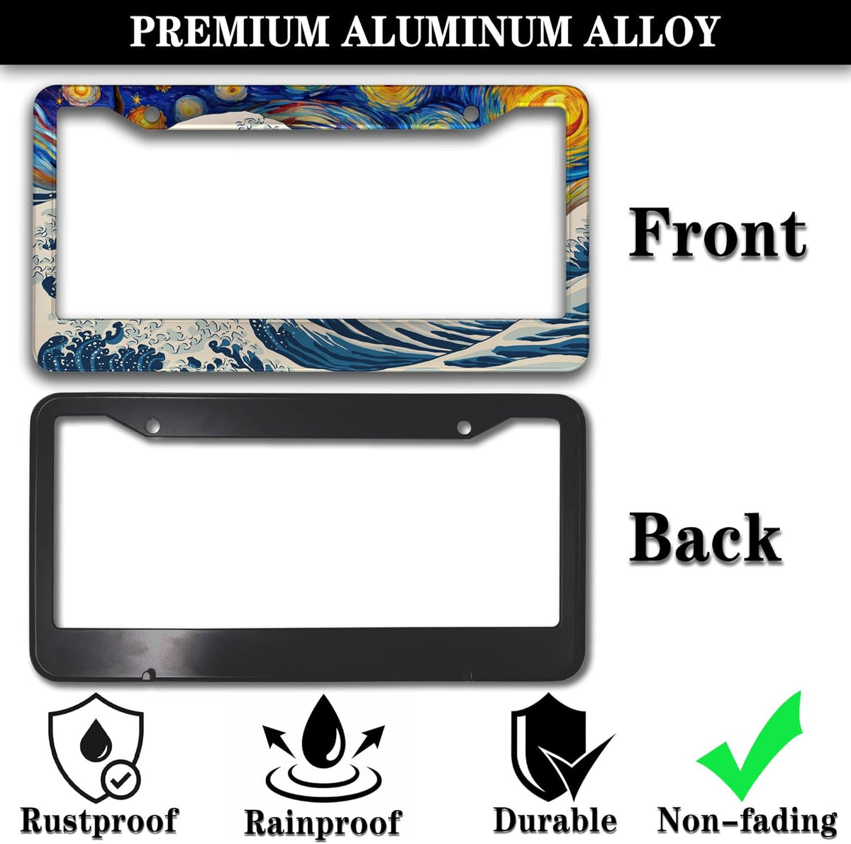 Car Plate Frames for Women Multicolor License Plate Protector for Men Starry Night Big Wave Aluminum Metal Car Accessory 2 Pack with Screw Covers Set