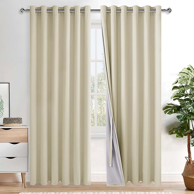 XWZO 100% Blackout Curtain Panels - Thermal Insulated Black Liner Curtains, Noise Reducing and Heat Blocking Drapes for Hall and Studio Windows with Tiebacks, Beige, W70 x L84, Set of 2