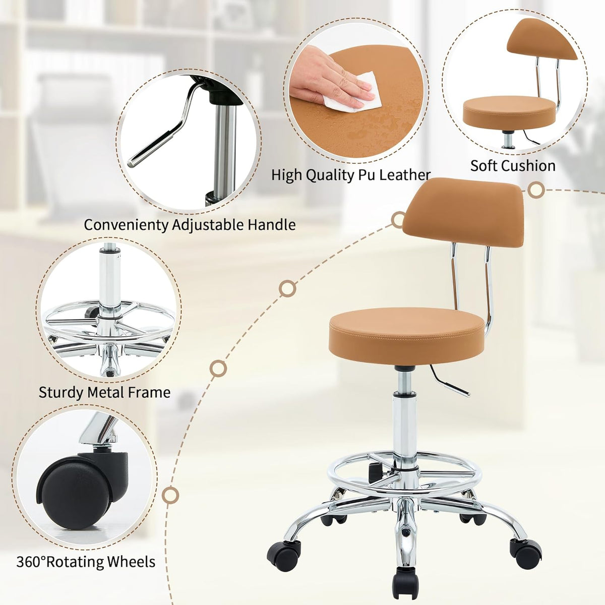 Rolling Stool with Back, Adjustable Tattoo Rolling Chair 19.5’’-26.6’’, Camel Brown Hairstylist Stool with Wheels (Camel Brown)